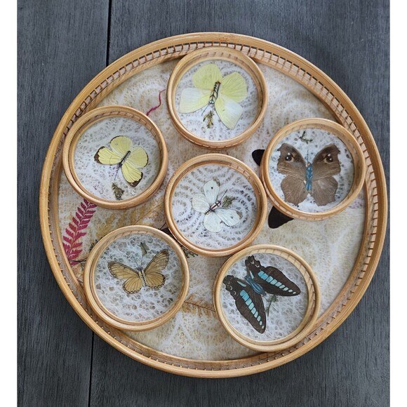 Vintage Round Bamboo Serving Tray Butterfly with Coasters Set of 7 Taiwan - Picture 12 of 12